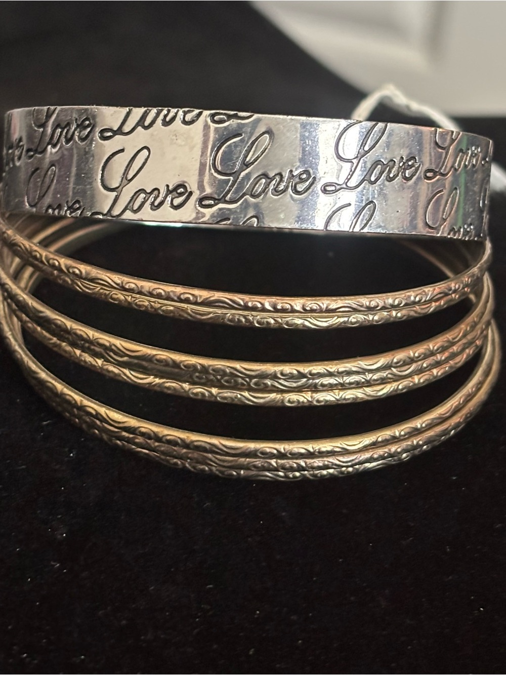 Love Engraved Silver Bangle with Textured Gold-Tone Bangles - Women Jewelry